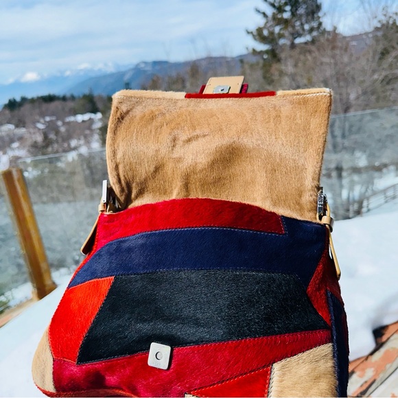 Fendi: Pony Calf Hair Multi Color Patchwork Leather Mamma Baguette Shoulder Bag - Picture 5 of 17